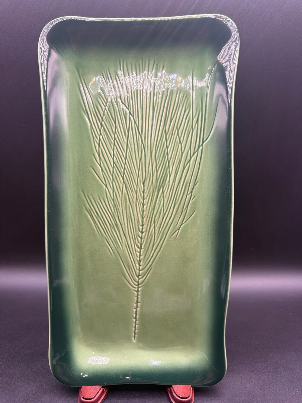 Vintage Kay Wayne Signed Green Ceramic Serving Platter Pine Needle Embossed Tray